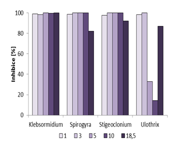 Obr. 2 Srovnání účinků přípravku B1 na vláknité řasy