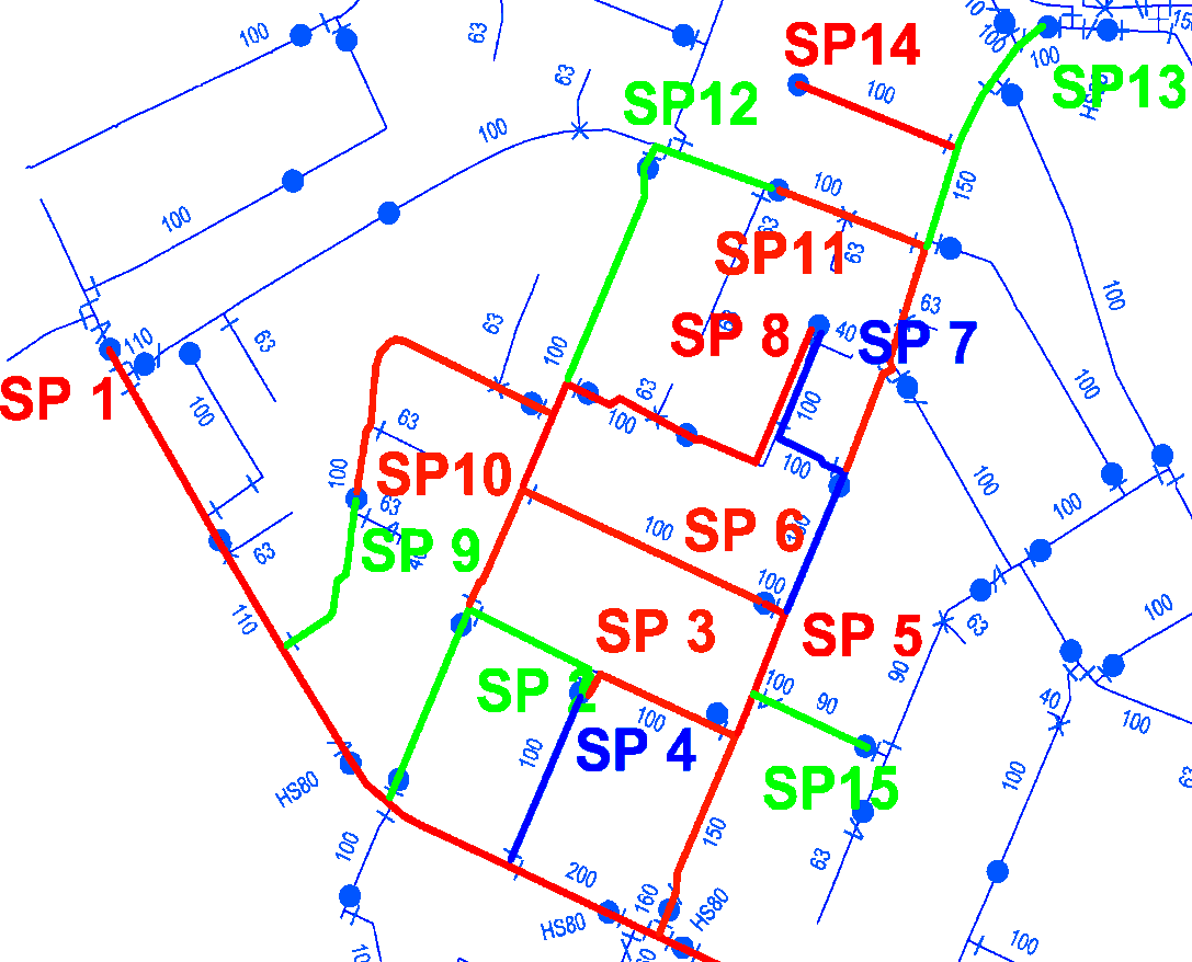 Obr. 1. Příklad plánu odkalování sítě (SP1: číslo trasy odkalování)