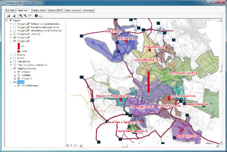 Obr. 4 Zobrazení výsledků vyhodnocení úniků vody v listu „Mapa úniku